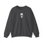 Dark gray sweatshirt with a white skull design on a white background