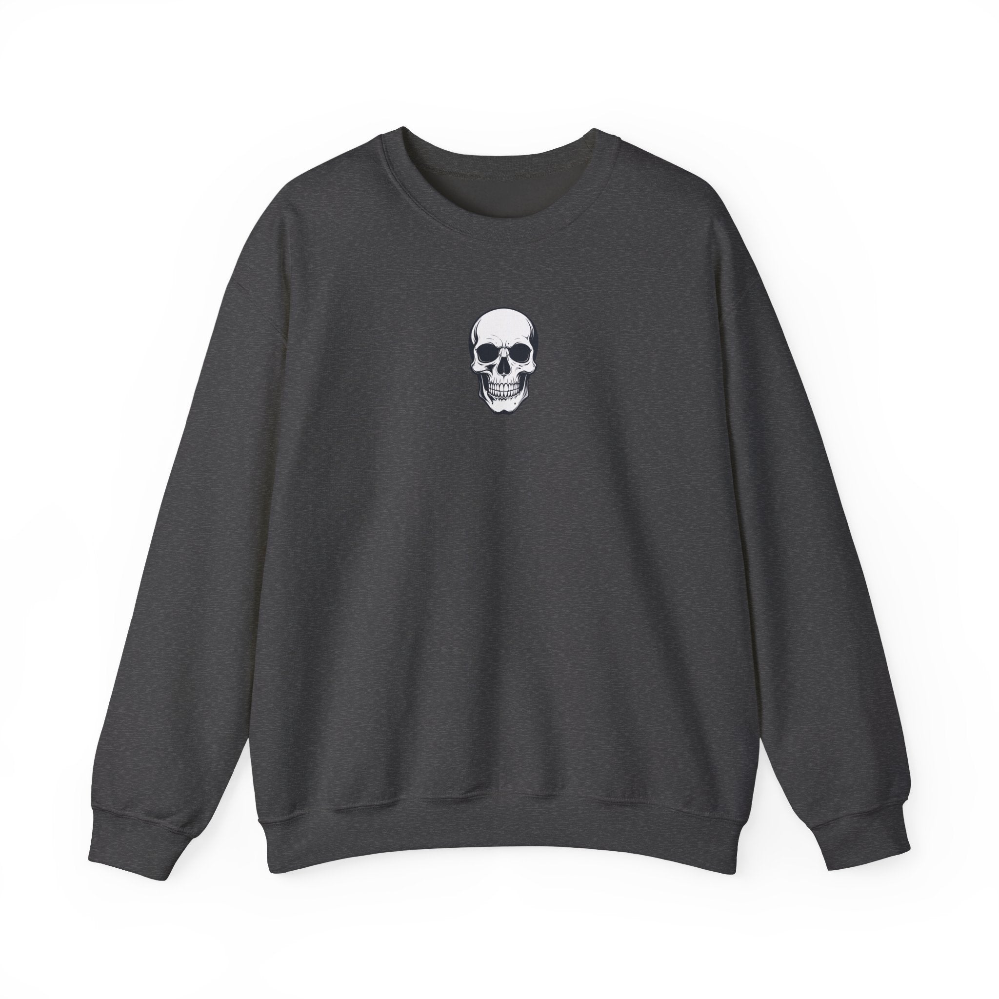 Dark gray sweatshirt with a white skull design on a white background