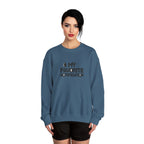 Woman wearing a blue sweatshirt with text on a white background