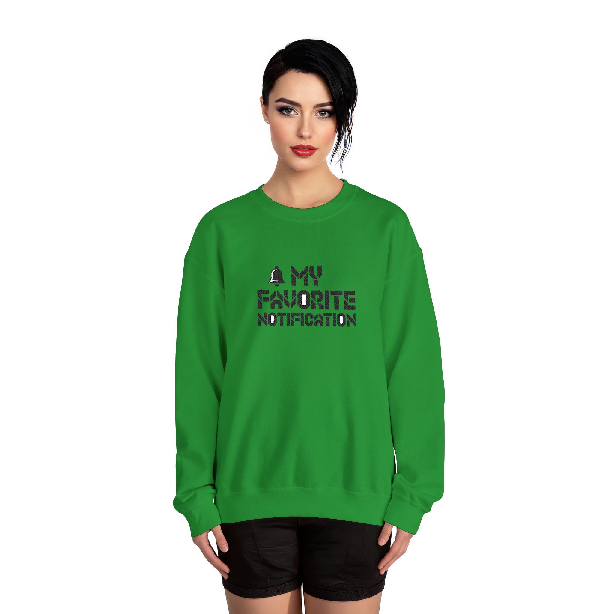 Green sweatshirt with text worn by a model on a white background