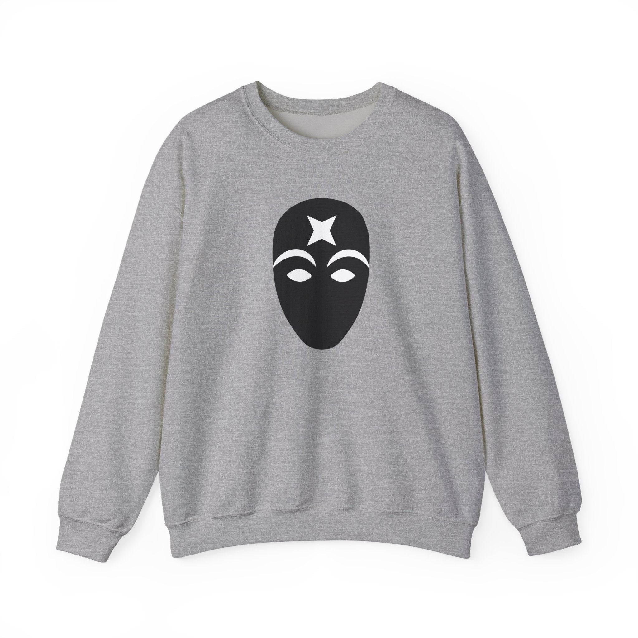 Gray sweatshirt with a black mask graphic on a white background