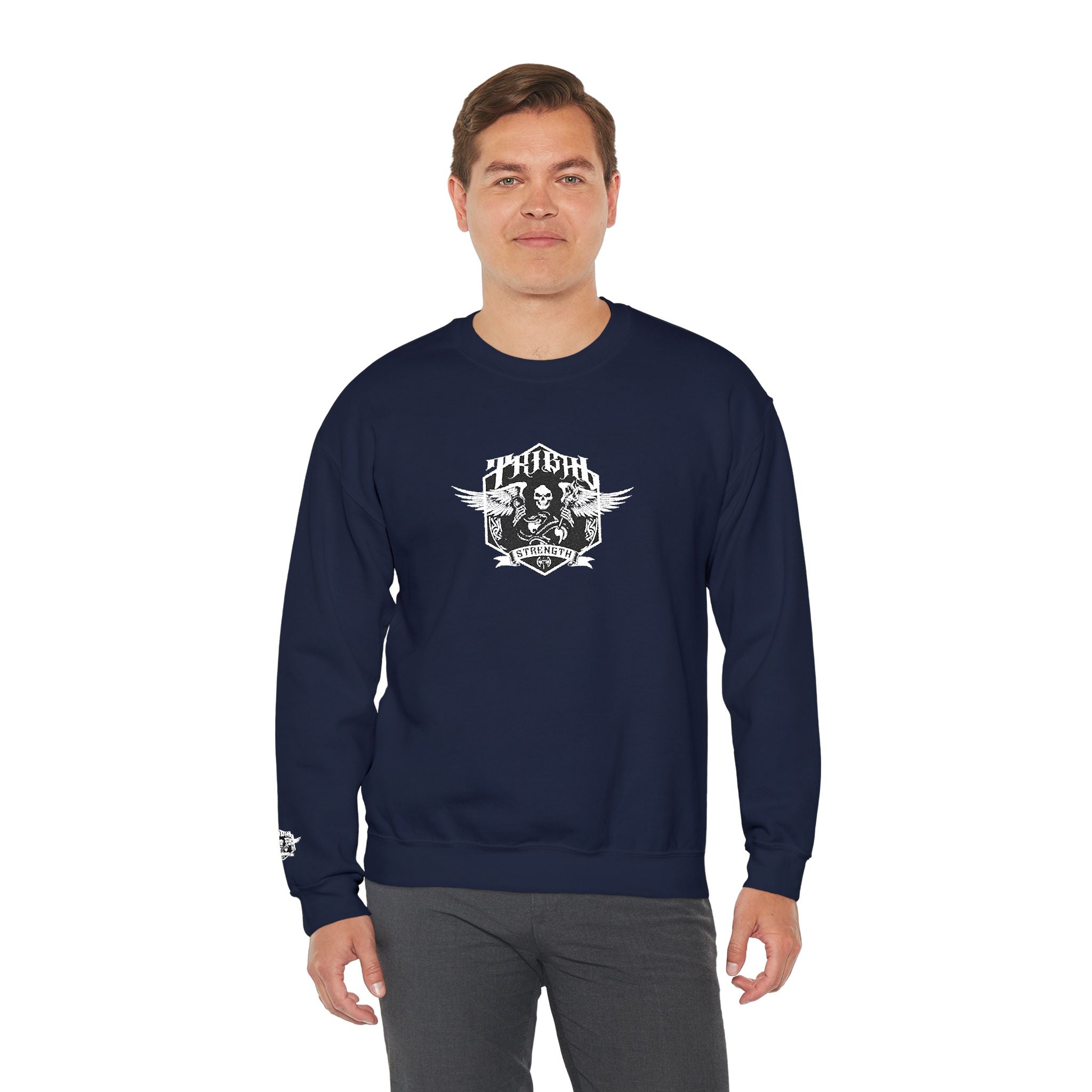 Man wearing a navy blue sweatshirt with a white graphic design on a white background