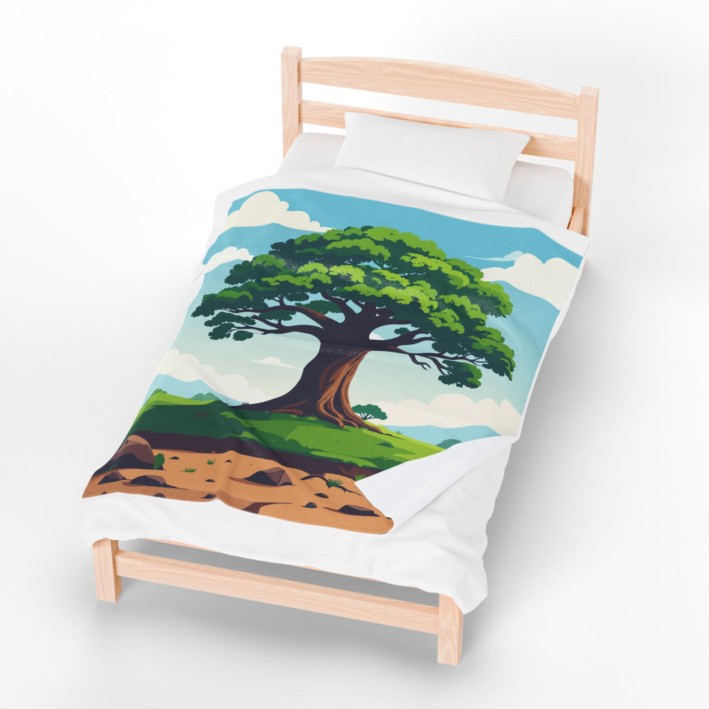 Duvet cover with a tree design on a wooden bed