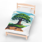 Duvet cover with a tree design on a wooden bed