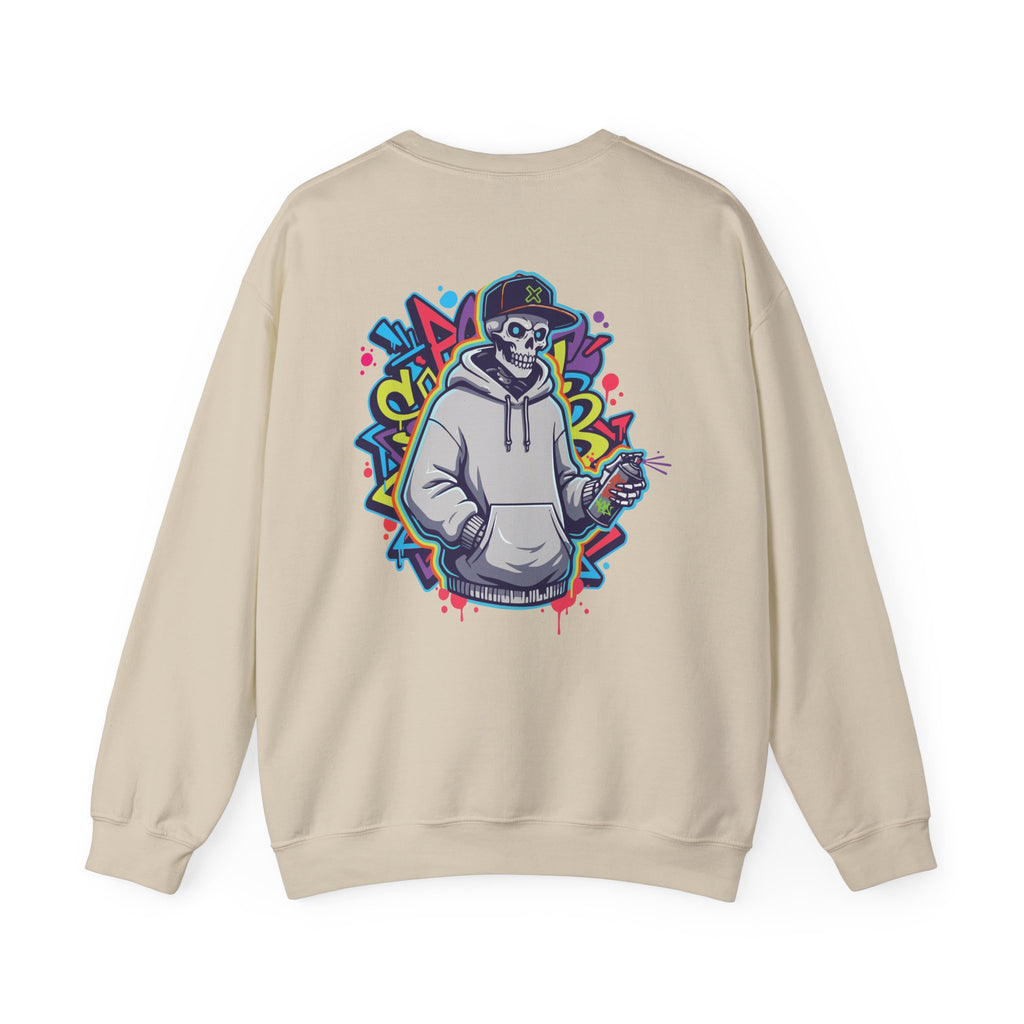 Beige sweatshirt with colorful graphic design on the back featuring a skeleton wearing a hoodie and hat.