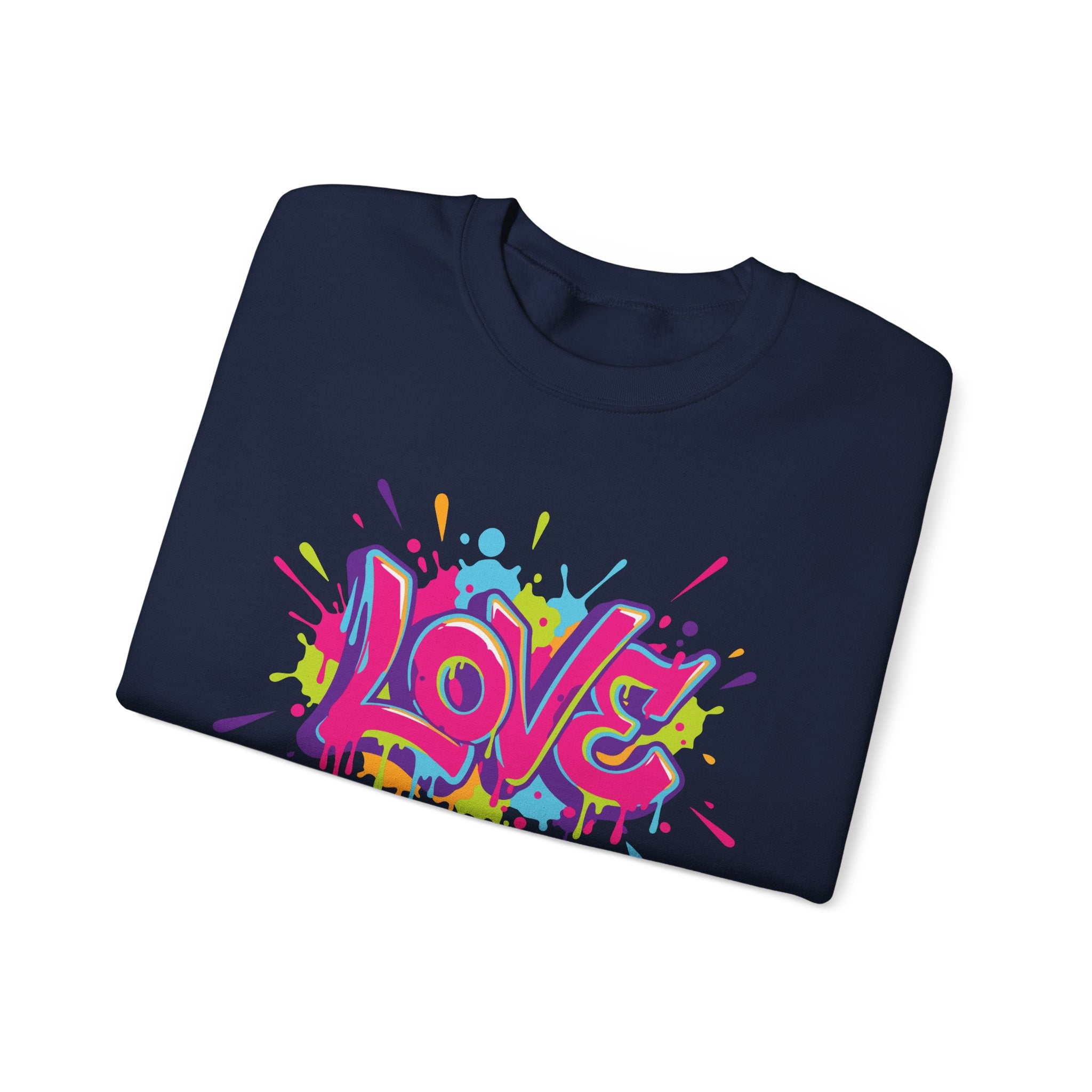 Navy blue t-shirt with colorful 'LOVE' graphic on a white background