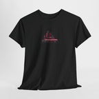 Black t-shirt with a red graphic design on a light gray background