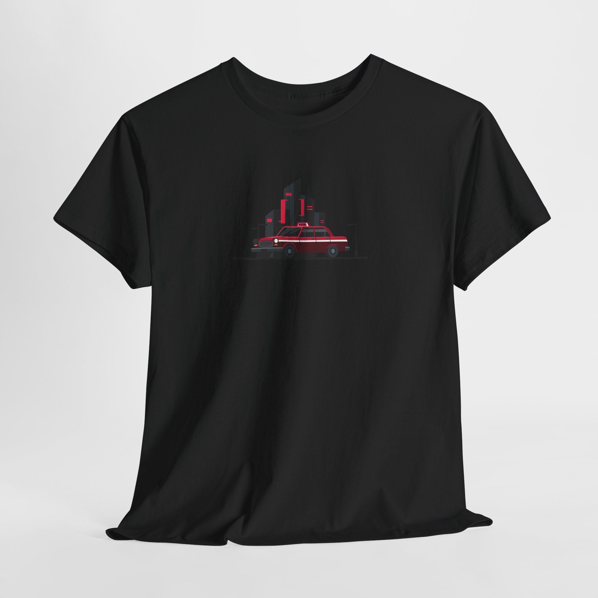 Black t-shirt with a red graphic design on a light gray background