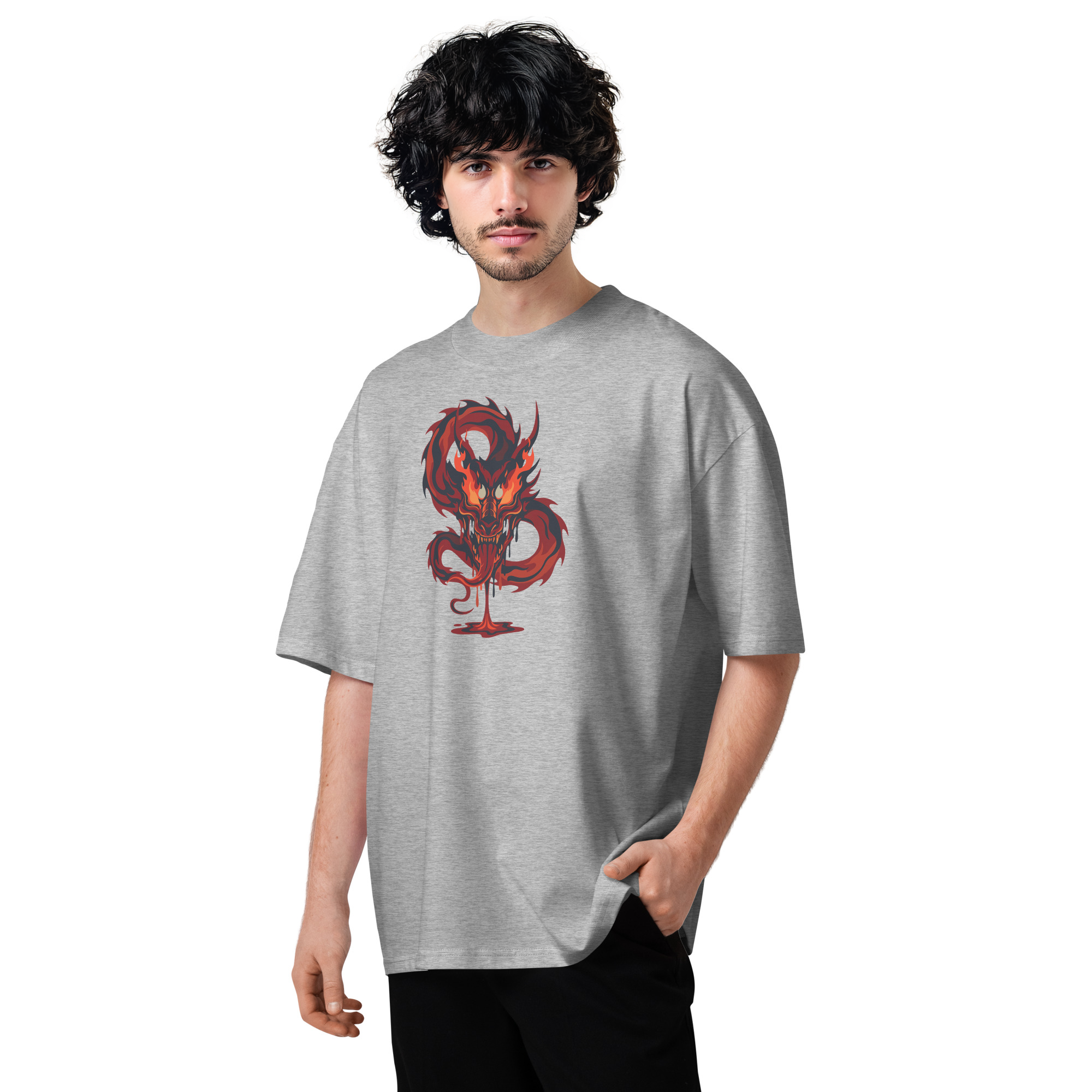 Man wearing a gray t-shirt with a red dragon design on a white background
