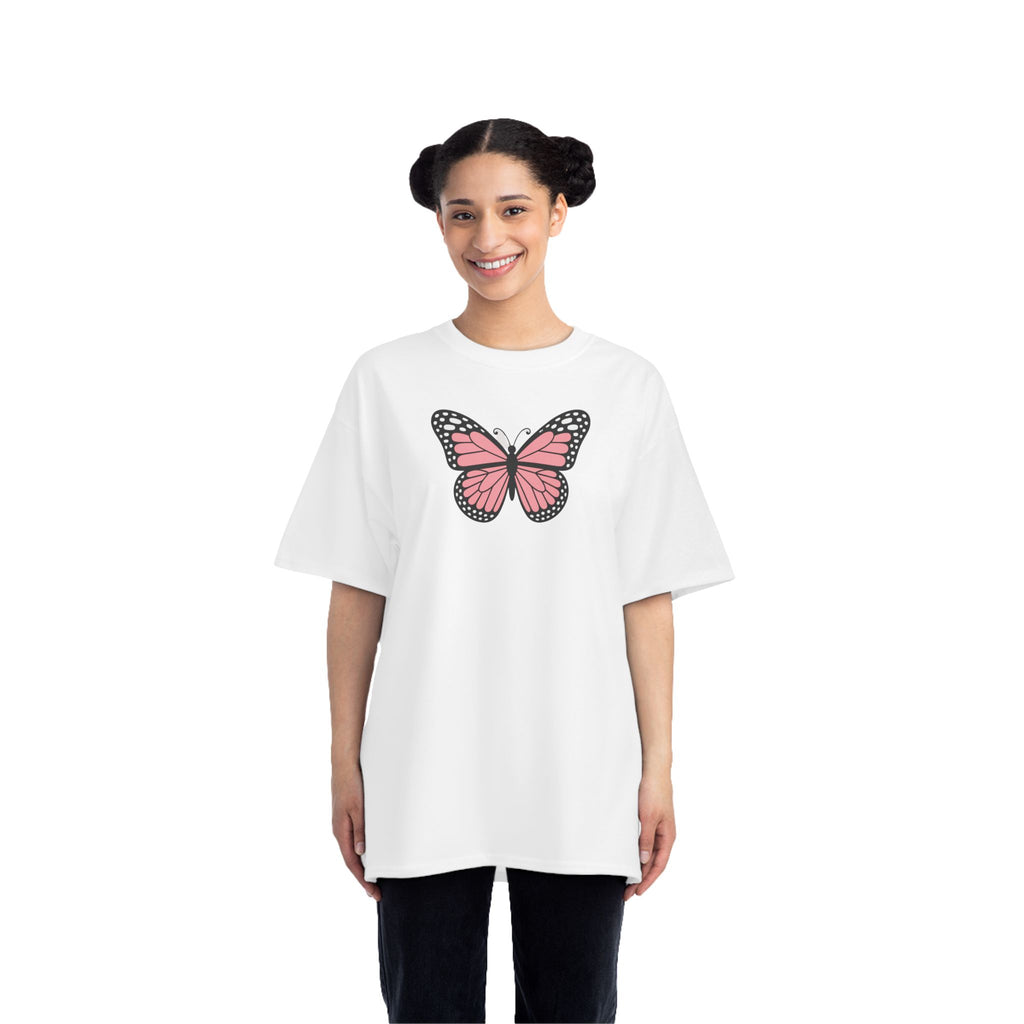 Person wearing a white t-shirt with a pink butterfly design on a white background