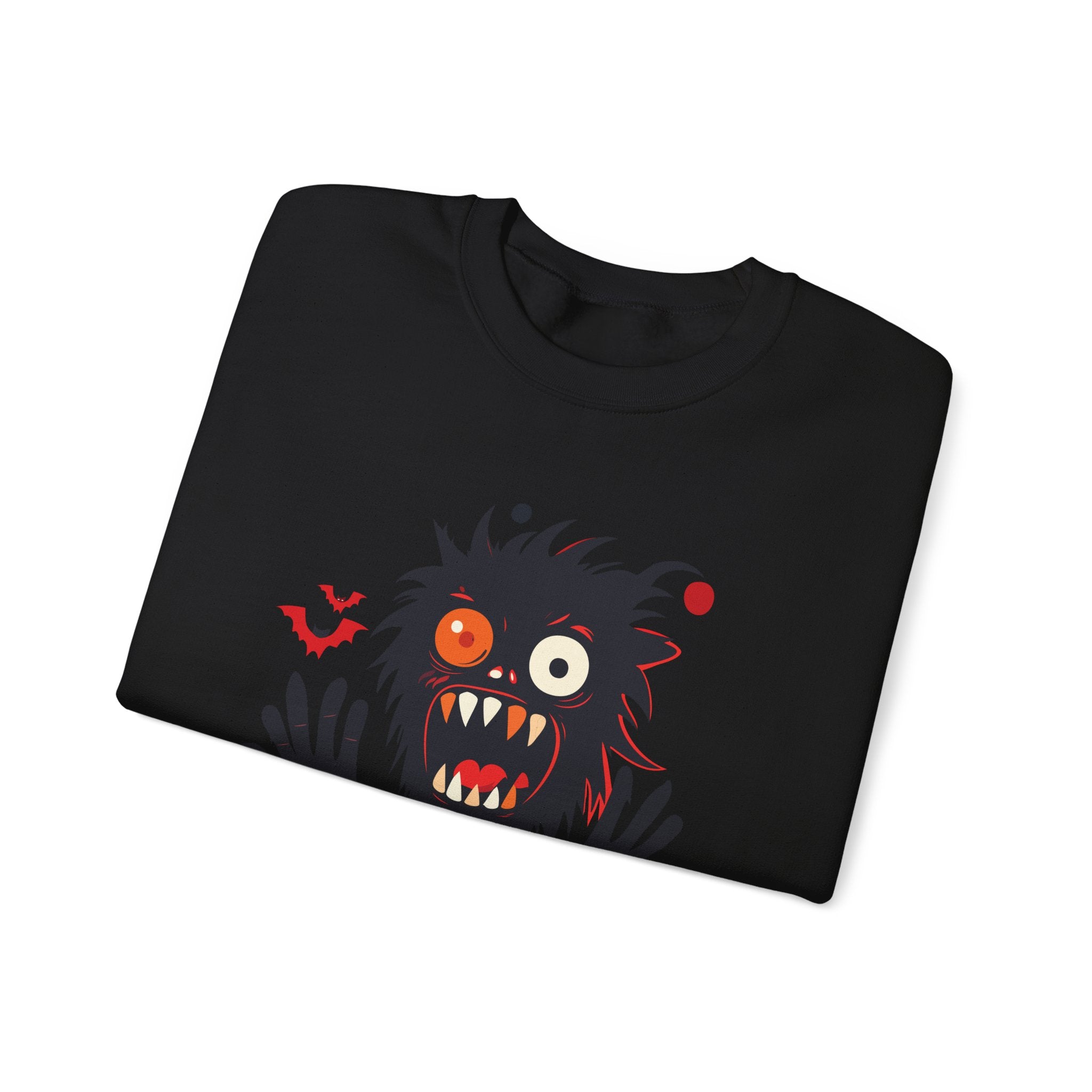 Black t-shirt with a Halloween-themed monster design on a white background