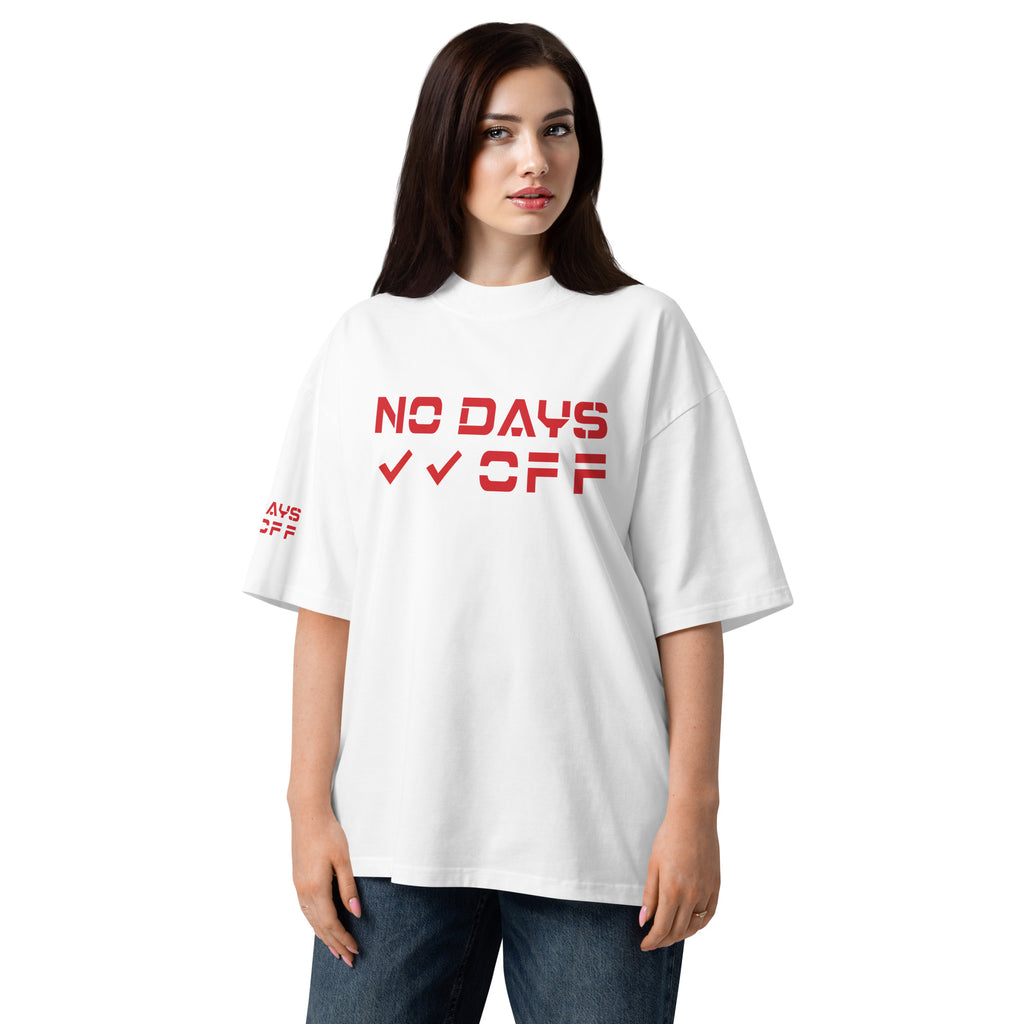 Person wearing a white t-shirt with red text on a white background