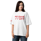 Person wearing a white t-shirt with red text on a white background