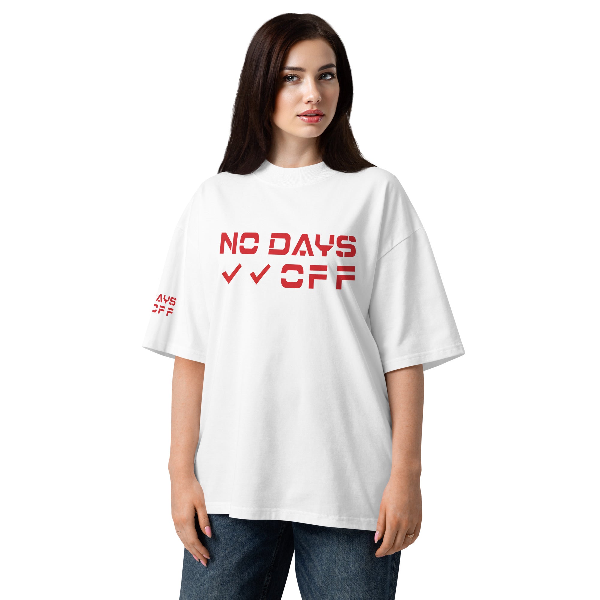 Person wearing a white t-shirt with red text on a white background