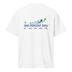 White t-shirt with 'One Percent Daily' logo on a white background
