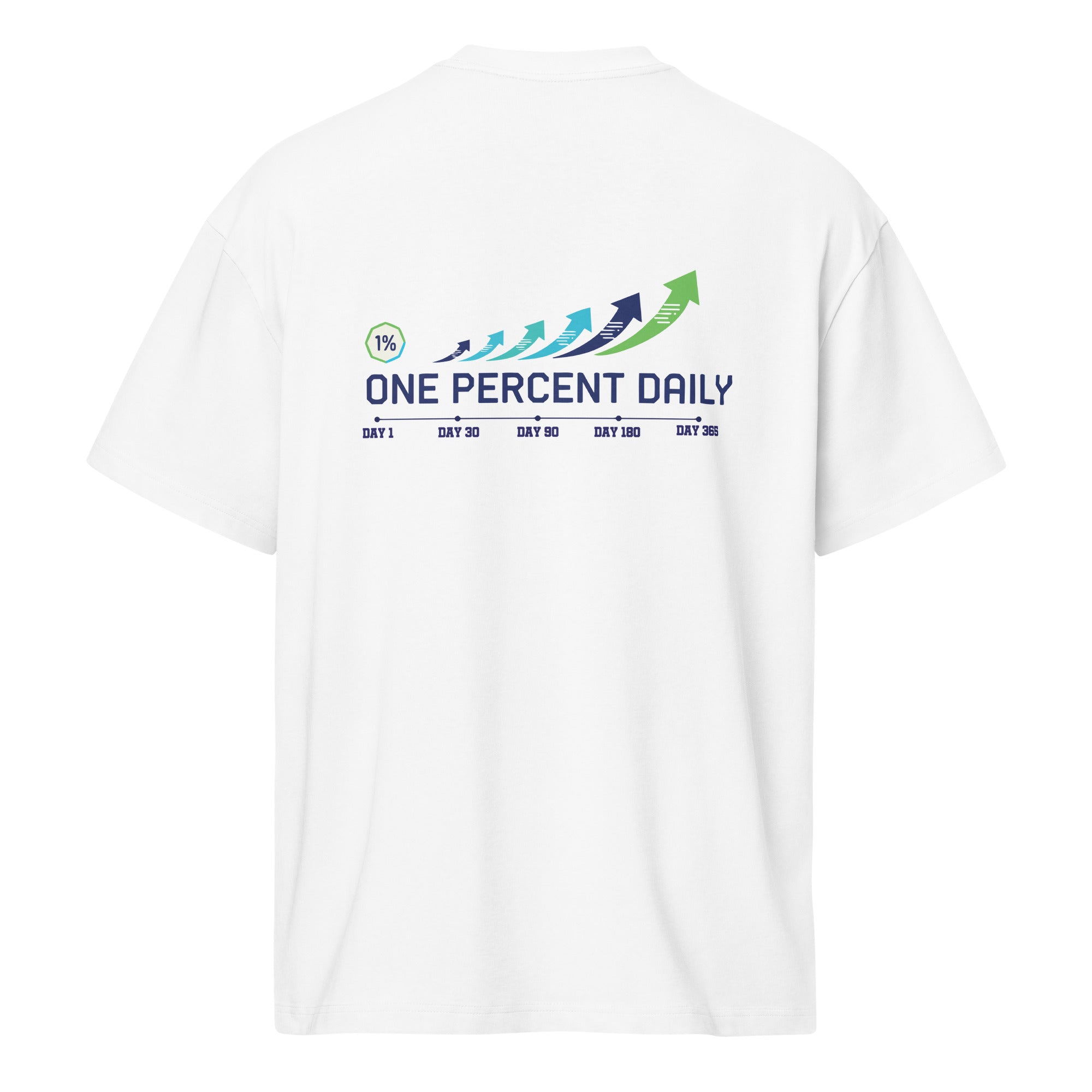 White t-shirt with 'One Percent Daily' logo on a white background