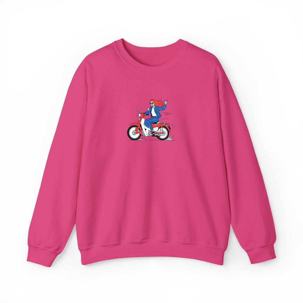 Pink sweatshirt with a graphic of a person on a scooter on a white background