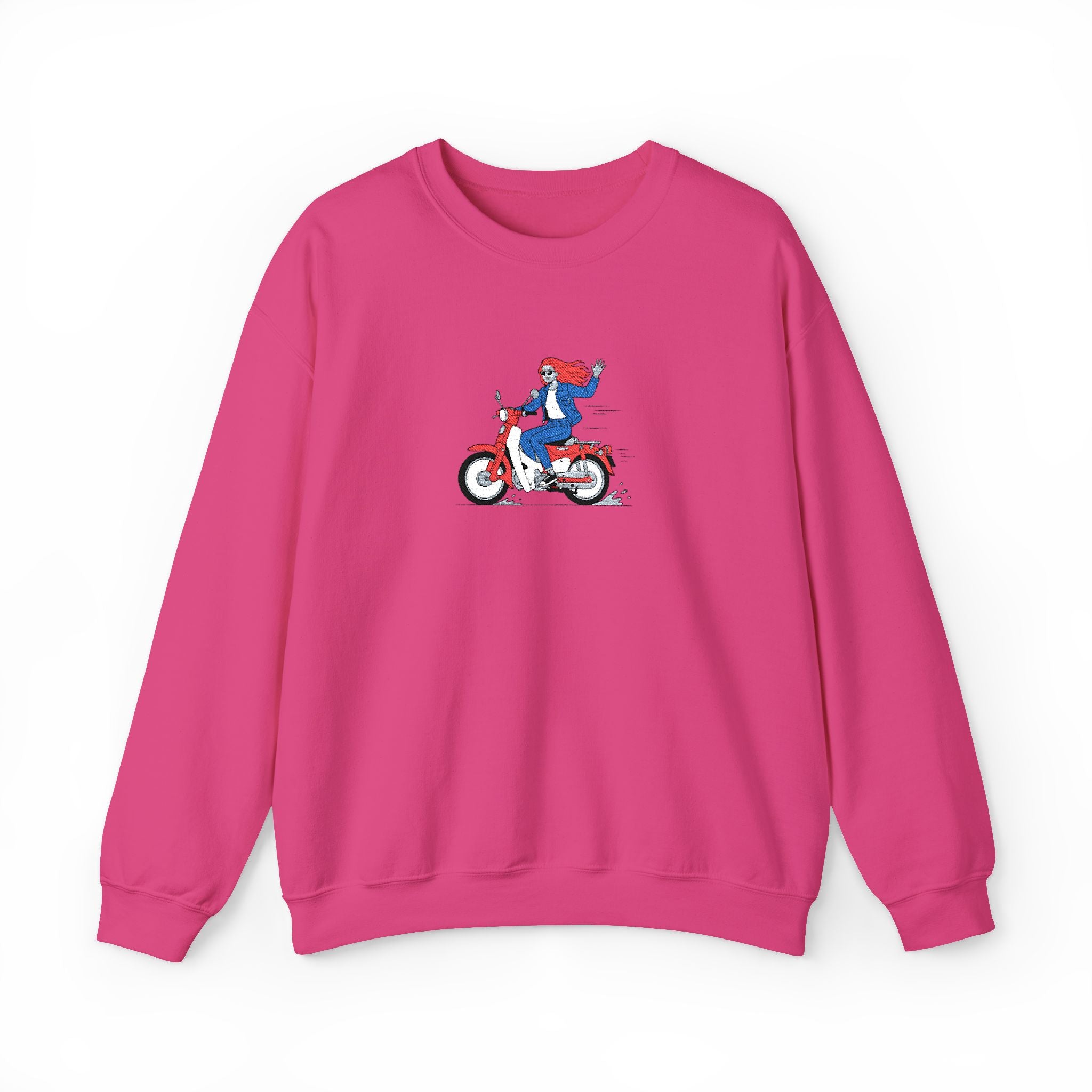 Pink sweatshirt with a graphic of a person on a scooter on a white background