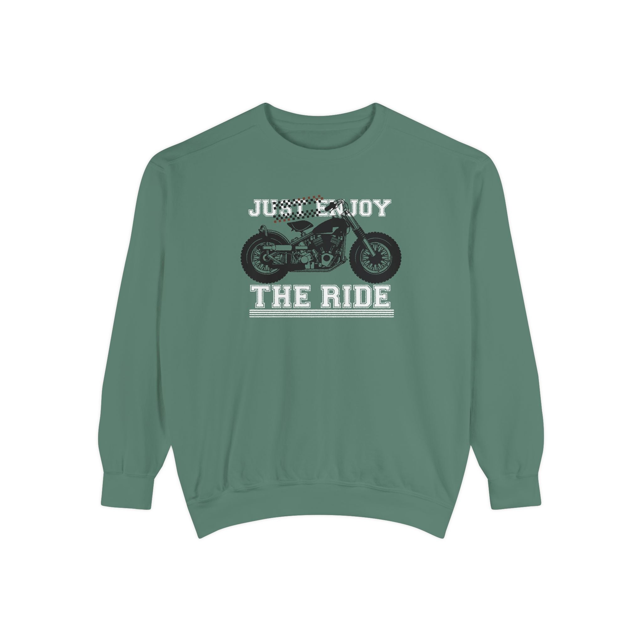 Green sweatshirt with motorcycle graphic and text 'Just Enjoy The Ride' on a white background