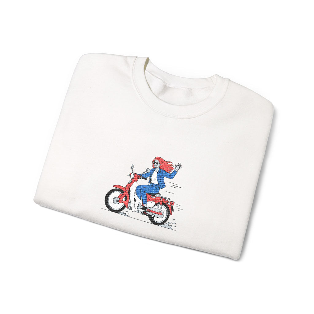 White sweatshirt with a graphic of a person on a red motorcycle on a white background