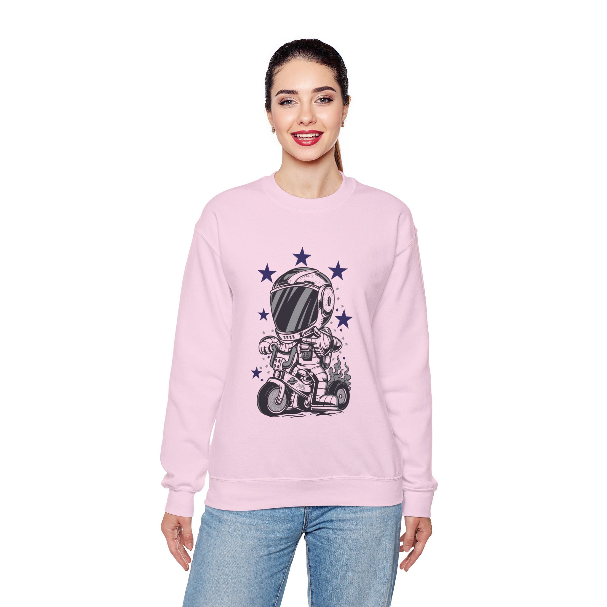 Astronaut Riding Scooter Crewneck Sweatshirt Retro Space Biker Graphic