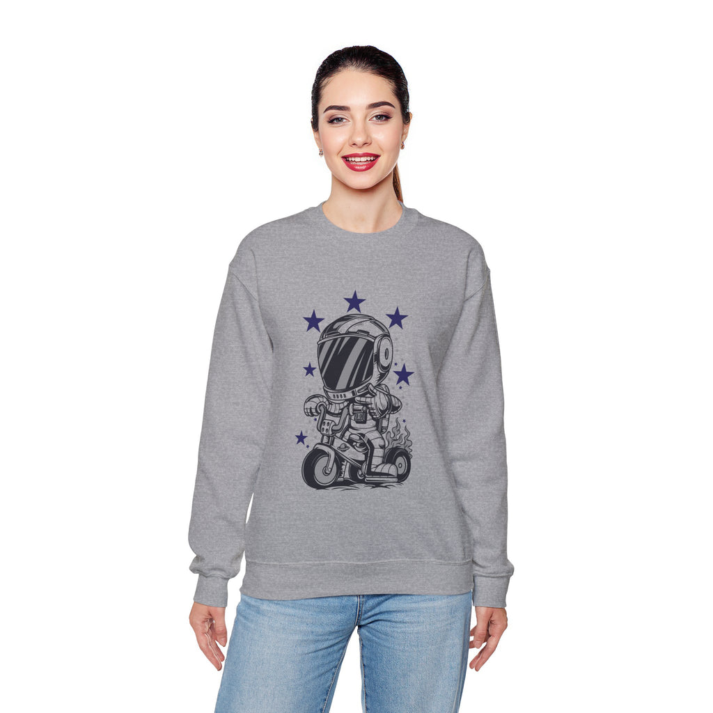 Astronaut Riding Scooter Crewneck Sweatshirt Retro Space Biker Graphic