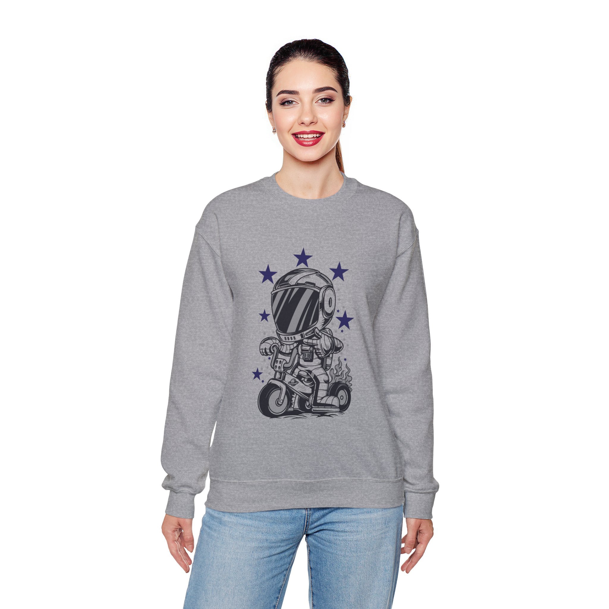 Astronaut Riding Scooter Crewneck Sweatshirt Retro Space Biker Graphic
