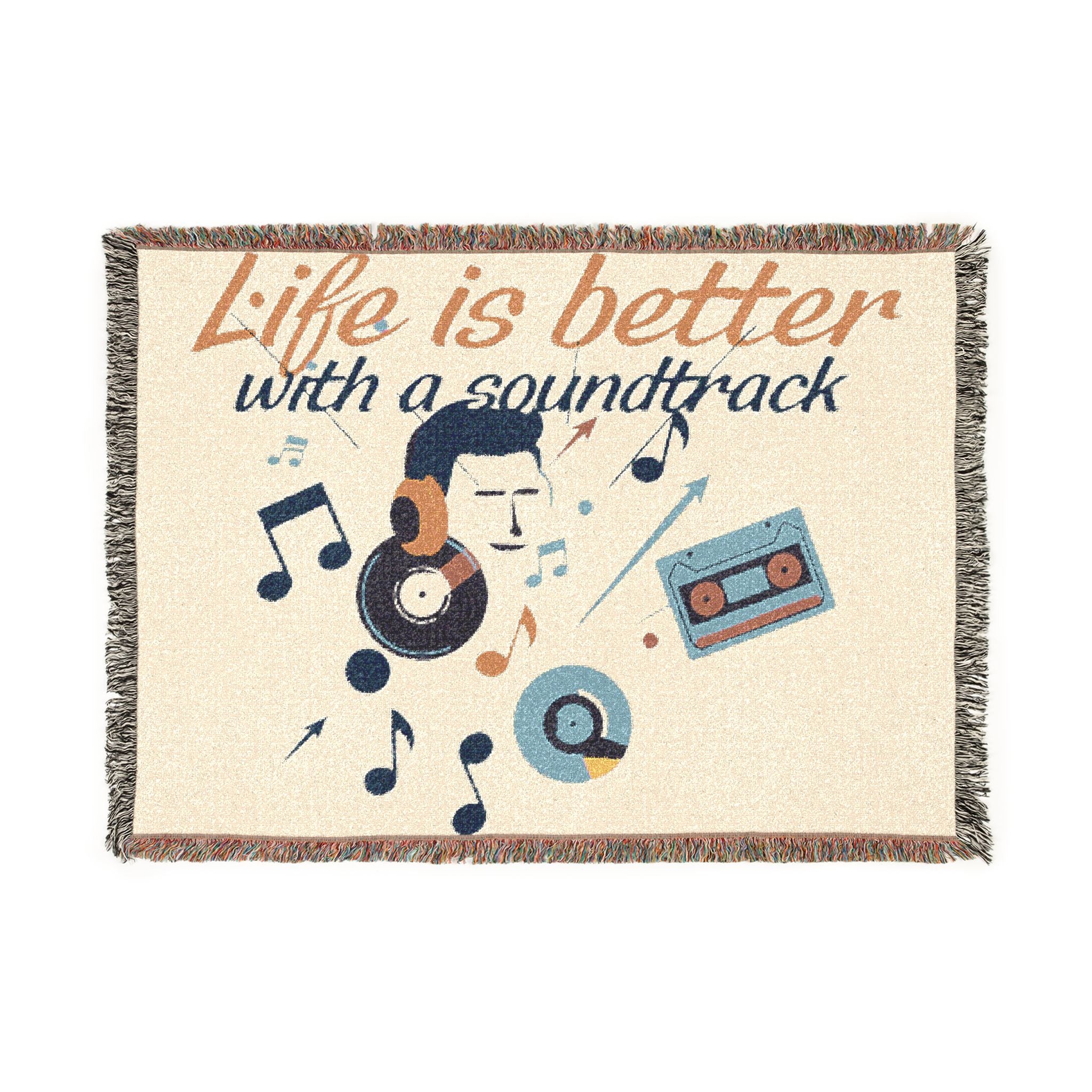 Blanket with music-themed design and 'Life is better with a soundtrack' text on a white background