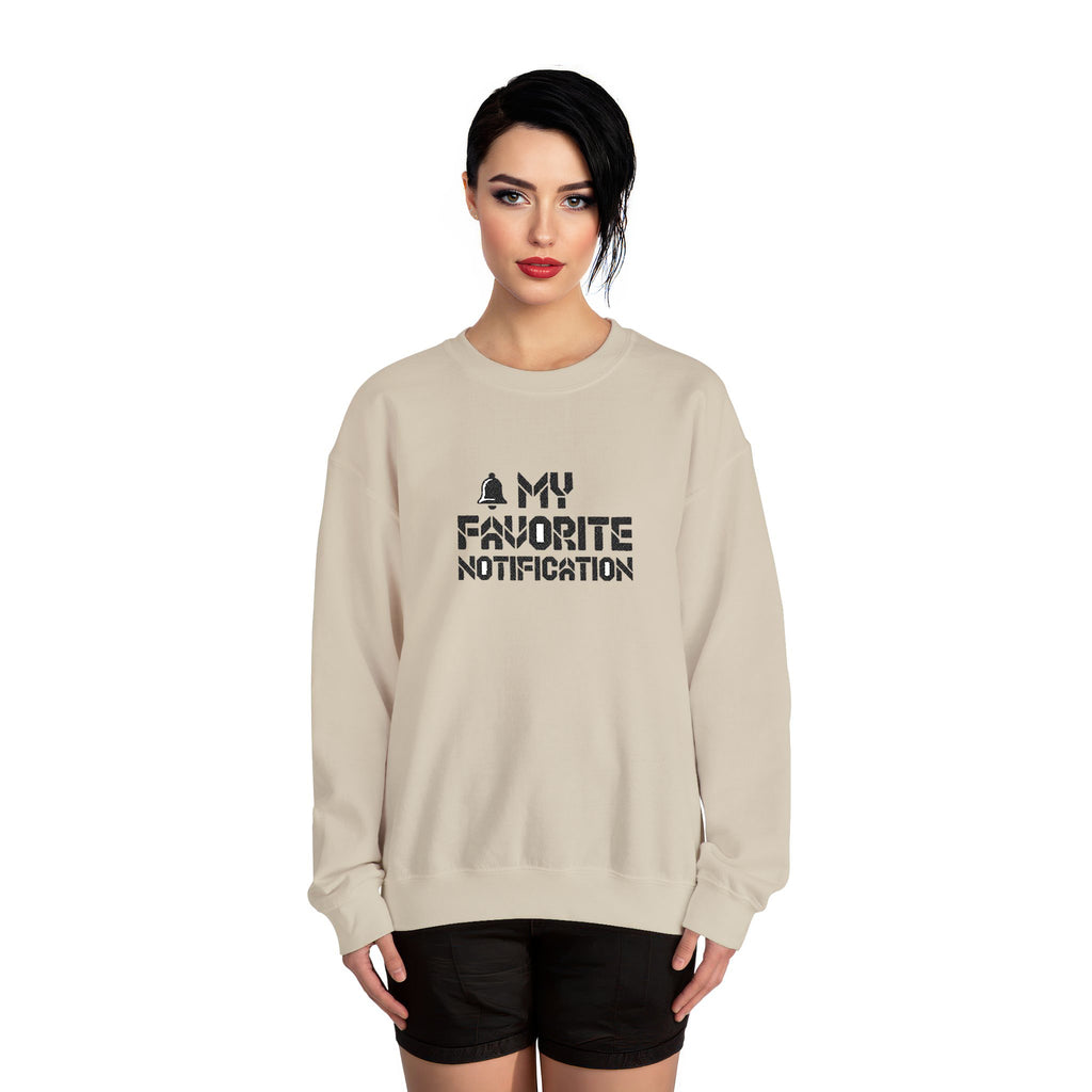 Woman wearing a beige sweatshirt with text design on a white background