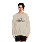 Woman wearing a beige sweatshirt with text design on a white background
