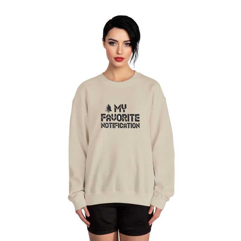 Woman wearing a beige sweatshirt with text design on a white background