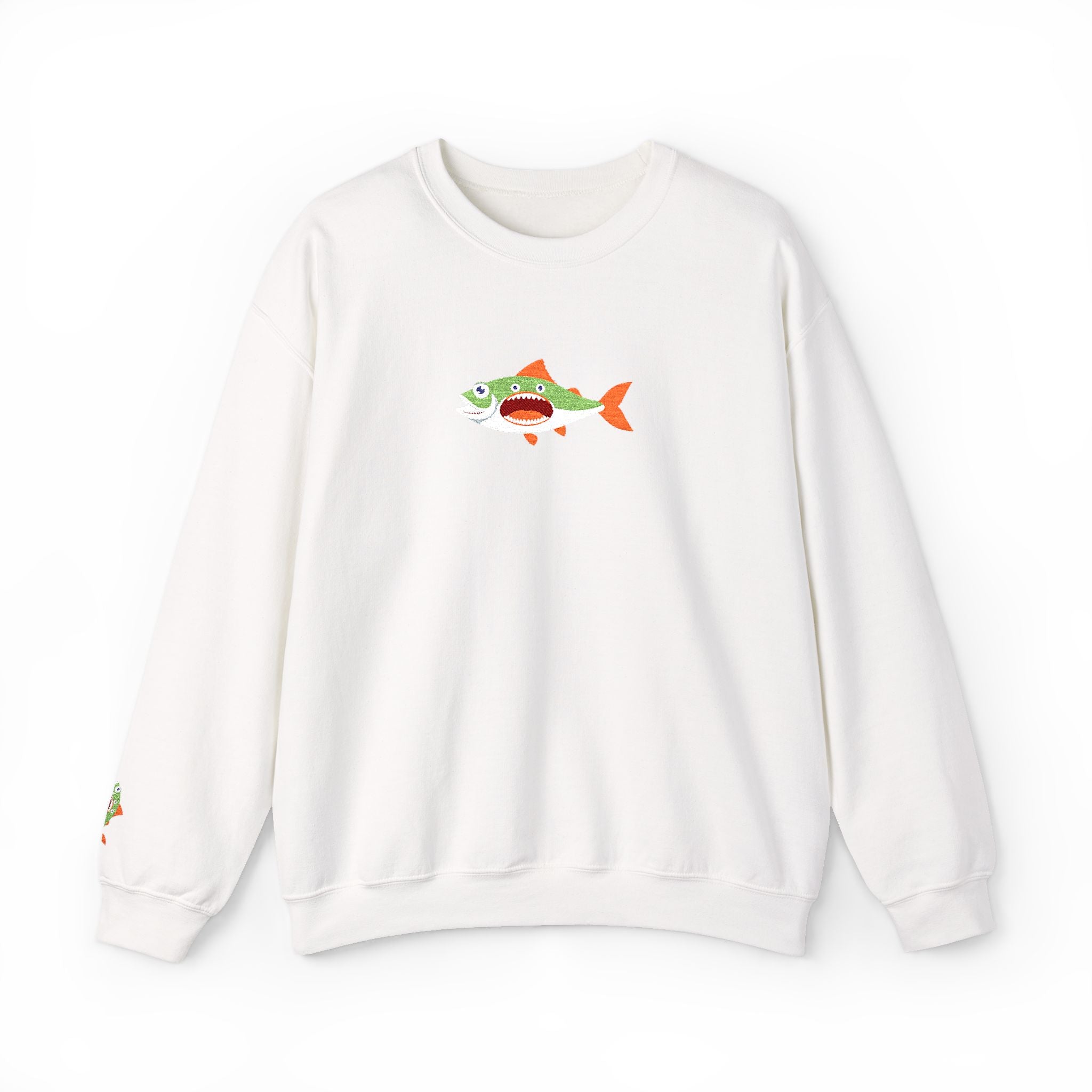 White sweatshirt with a fish graphic on a white background