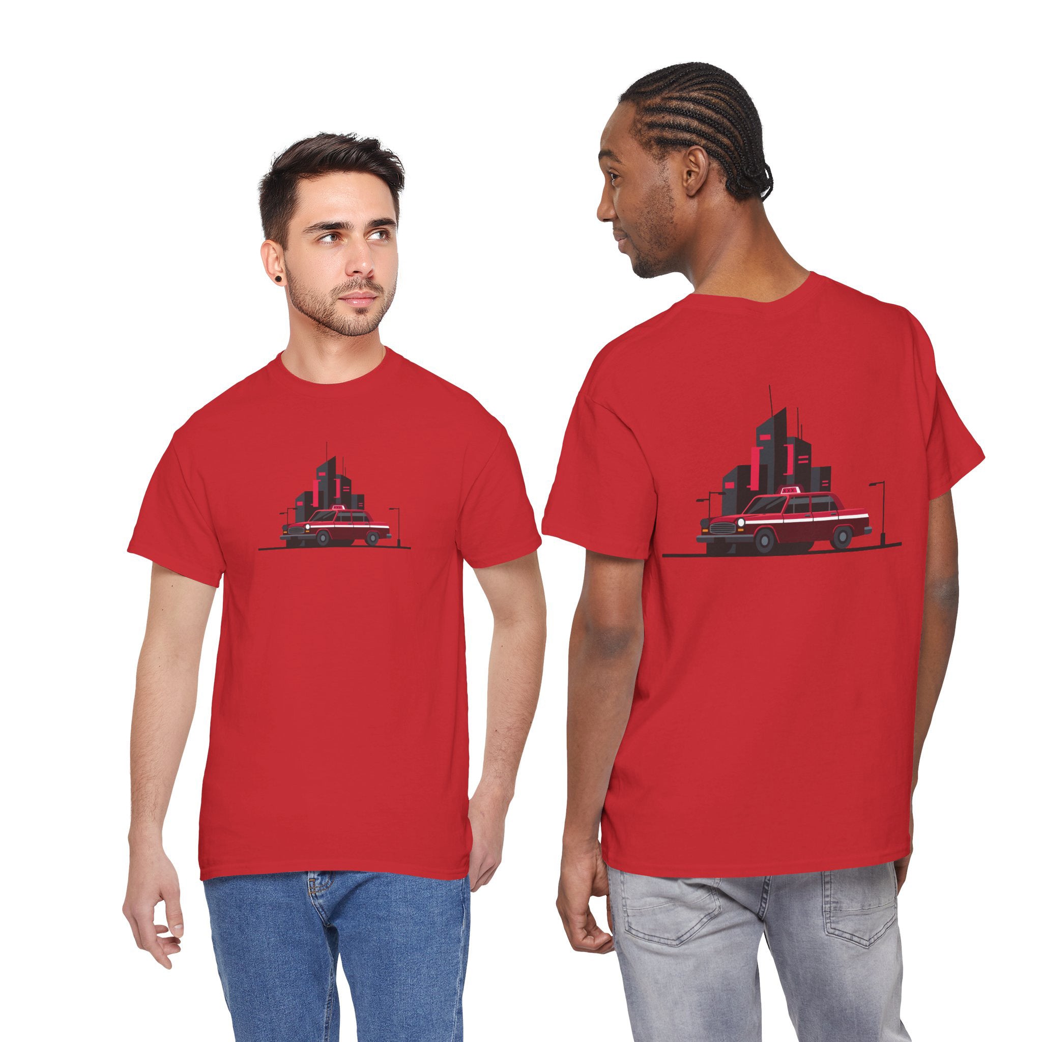 Two men wearing red t-shirts with a graphic design on a white background