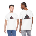 Two people wearing white t-shirts with a red and black graphic design on a white background