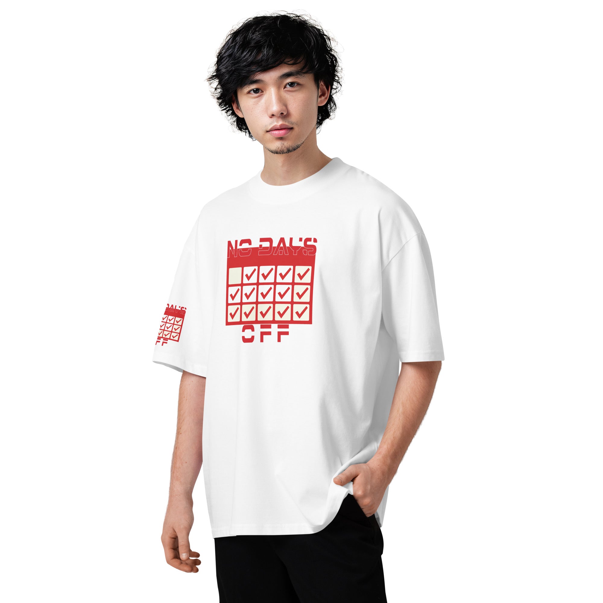 Person wearing a white t-shirt with red text and graphics on a white background