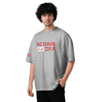Person wearing a gray t-shirt with red and white text on a white background