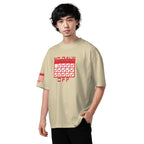 Man wearing a beige t-shirt with red graphic design on a white background