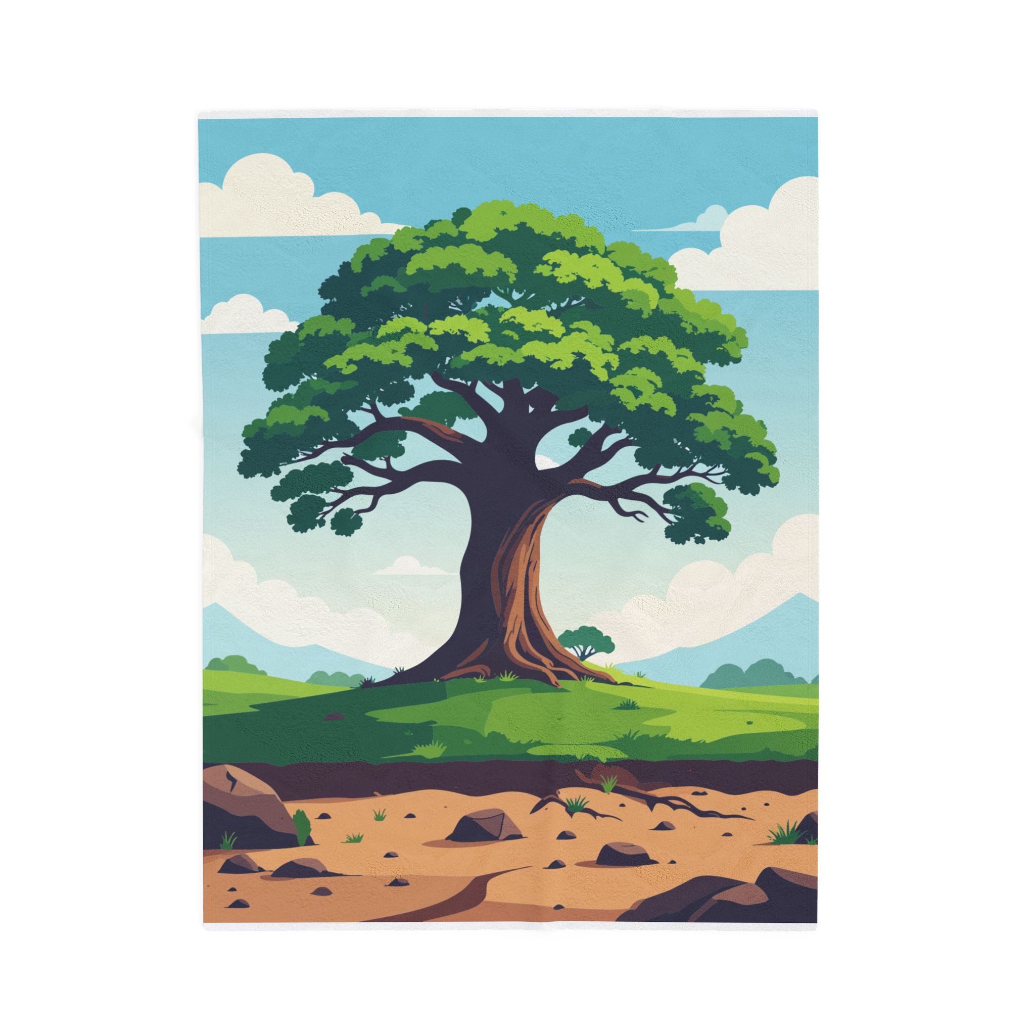 Illustration of a large tree in a landscape with a blue sky and green grass.
