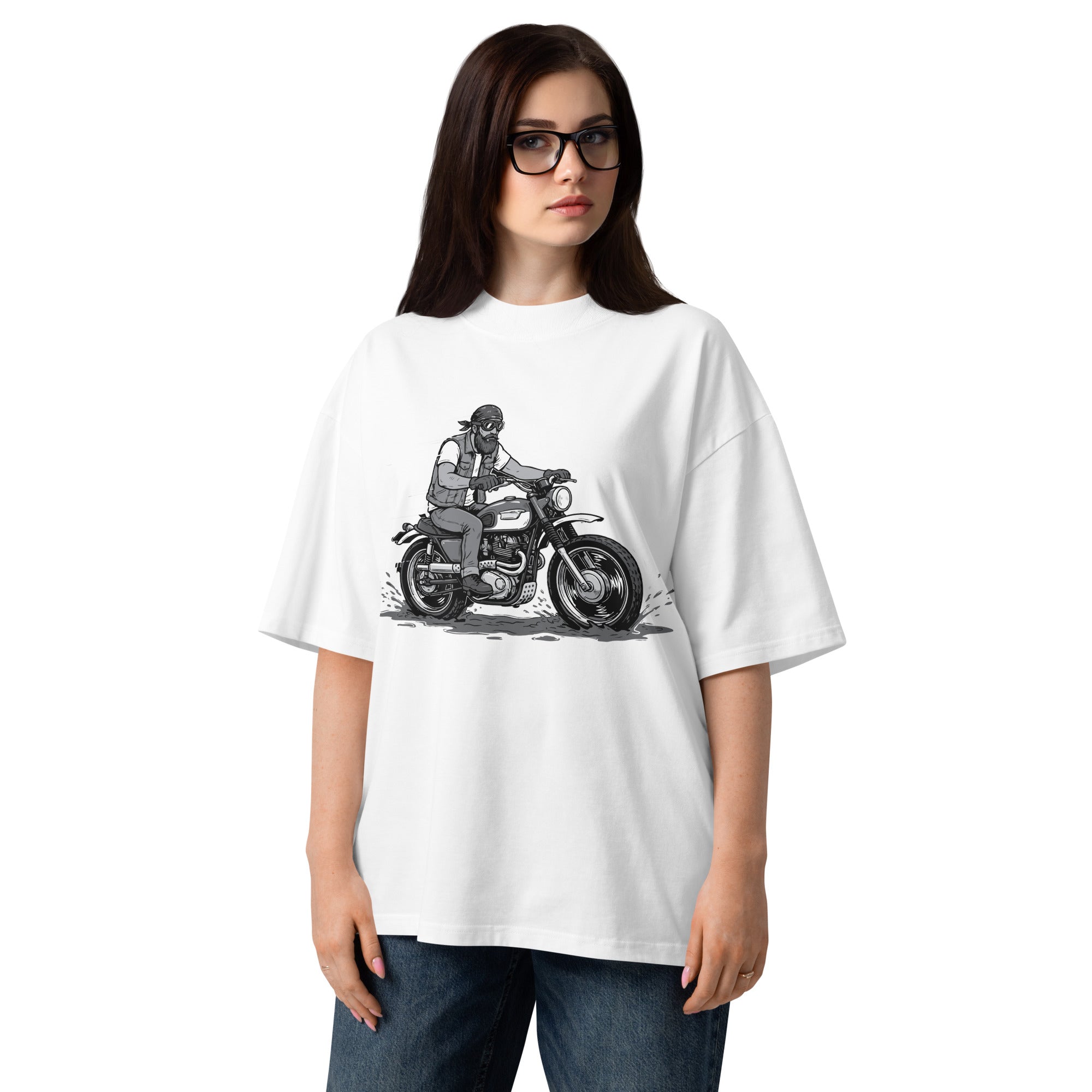 Woman wearing a white t-shirt with a graphic design of two people on a motorcycle.