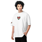 Person wearing a white t-shirt with a red and green heart design on a white background