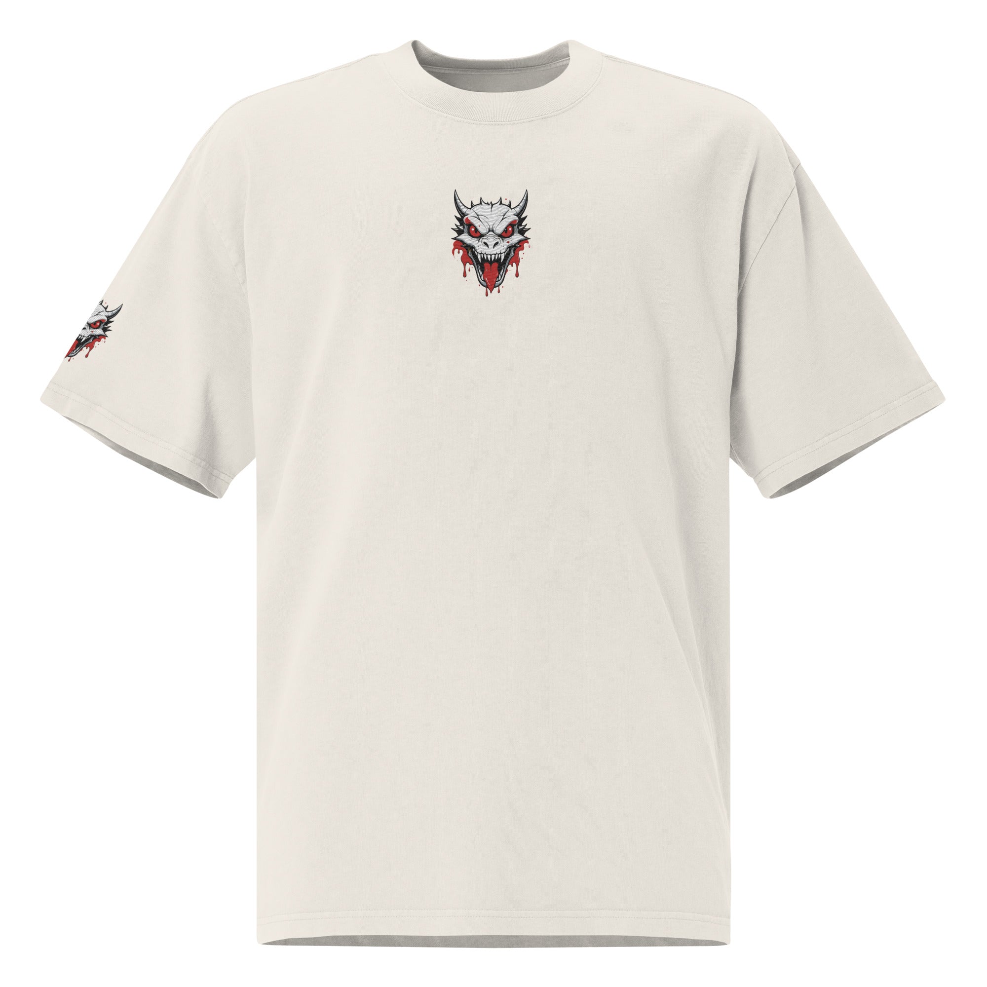 White t-shirt with a graphic design on a white background