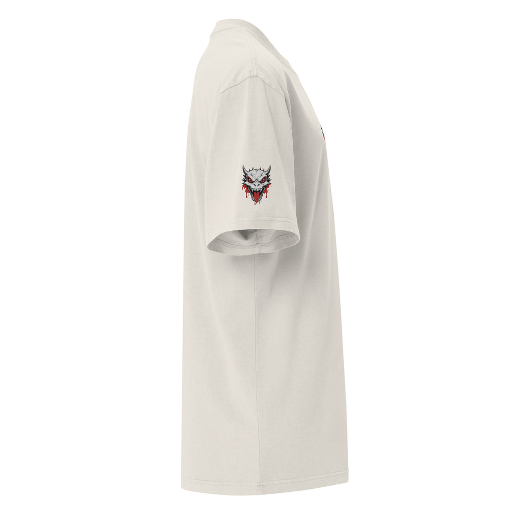 White t-shirt with a logo on the sleeve against a white background