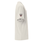 White t-shirt with a logo on the sleeve against a white background