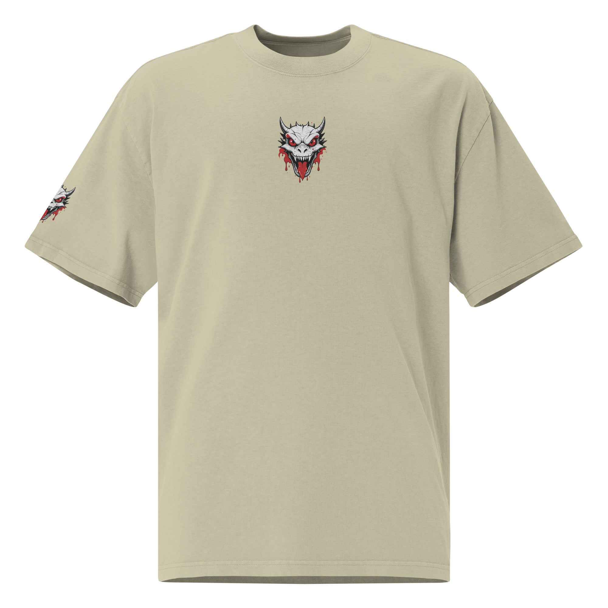 Beige t-shirt with a graphic design on the chest and sleeve against a white background