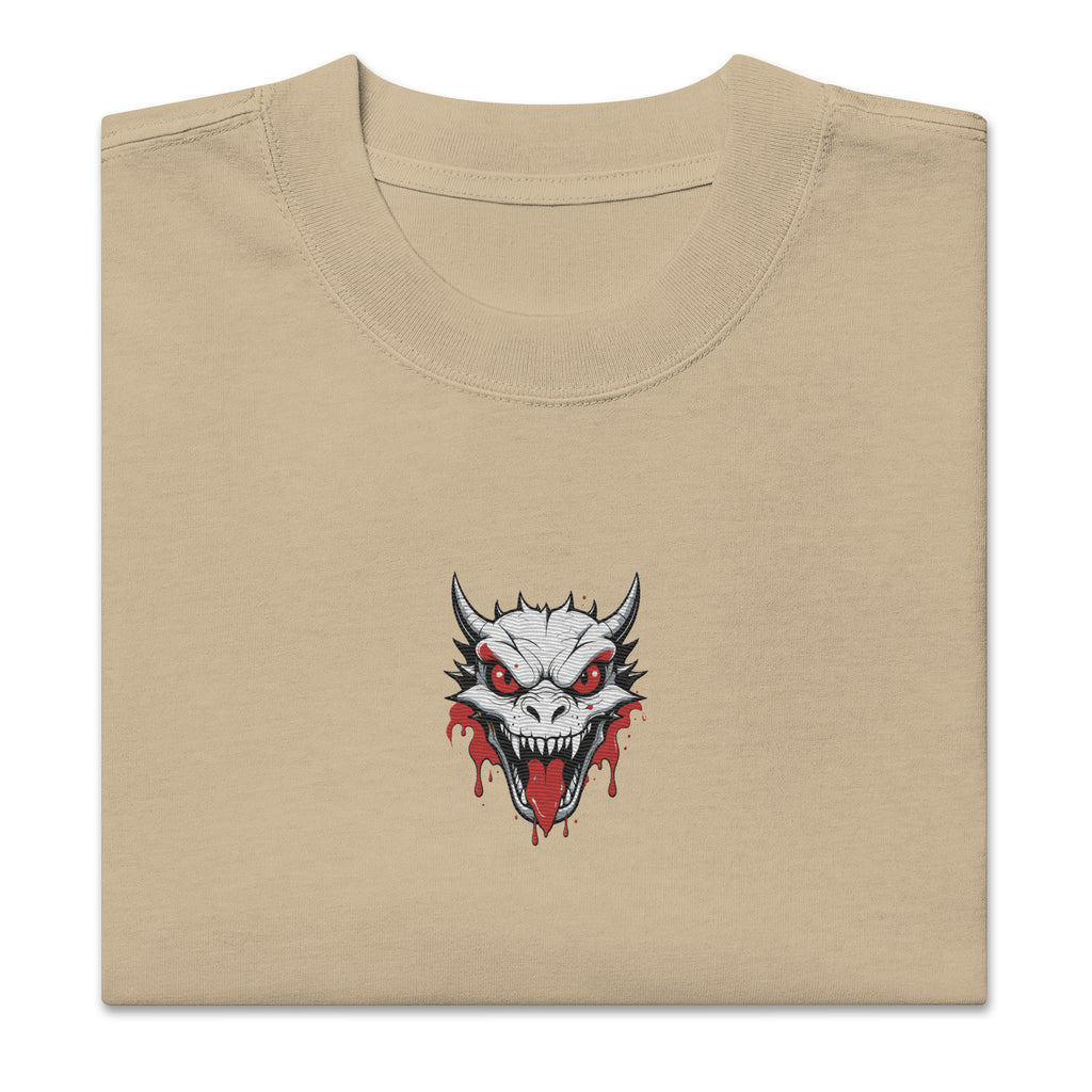 Beige t-shirt with a graphic of a dragon's head on a white background