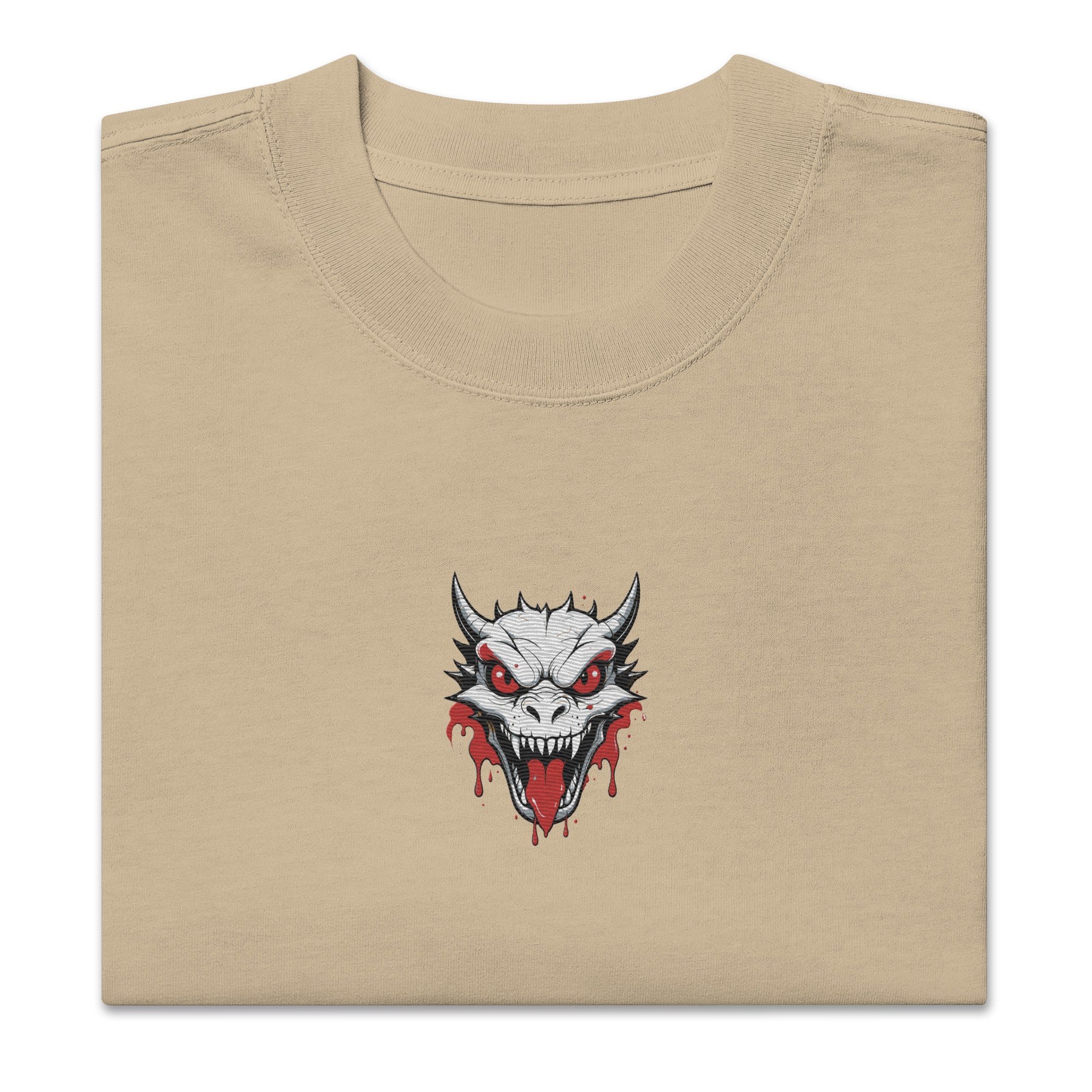 Beige t-shirt with a graphic of a dragon's head on a white background