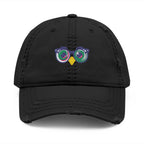 Black cap with a colorful owl design on a white background