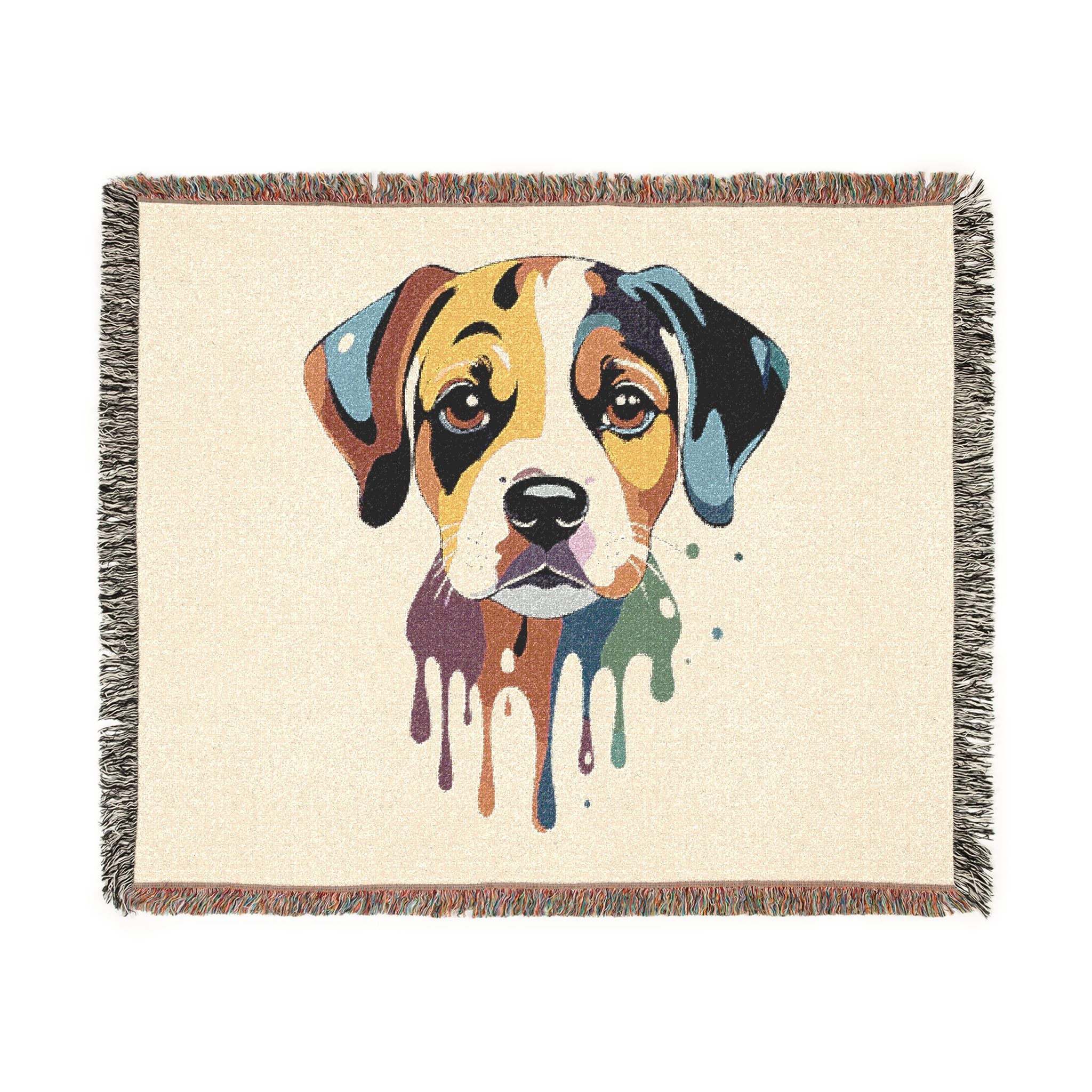 Woven blanket with a colorful dog portrait on a beige background
