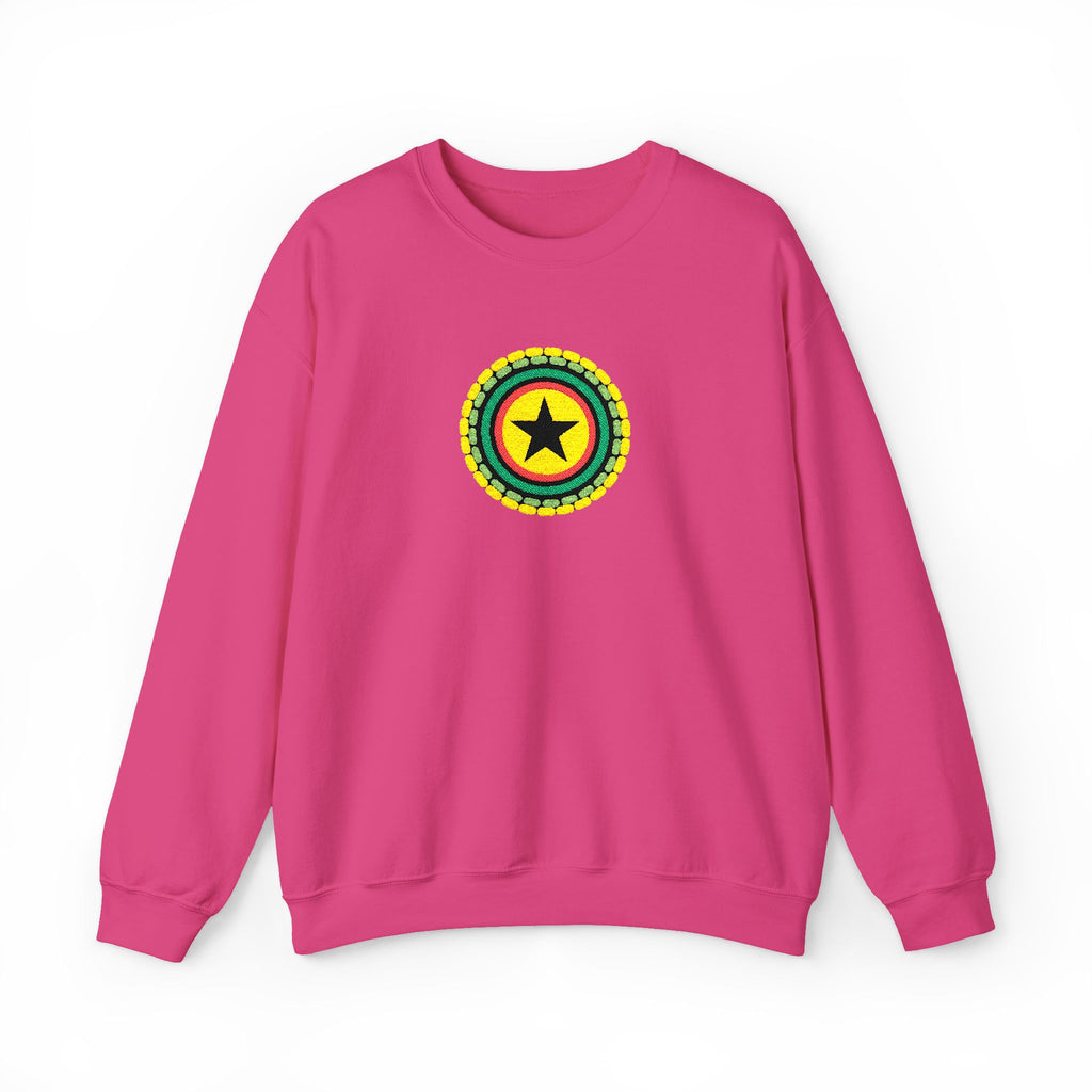 Pink sweatshirt with a colorful emblem on a white background