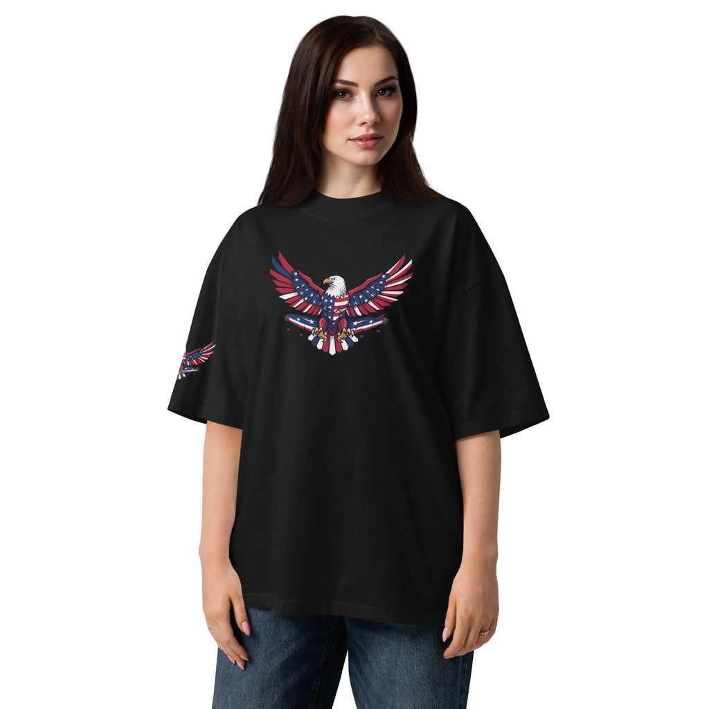 Woman wearing a black t-shirt with an eagle design on a white background